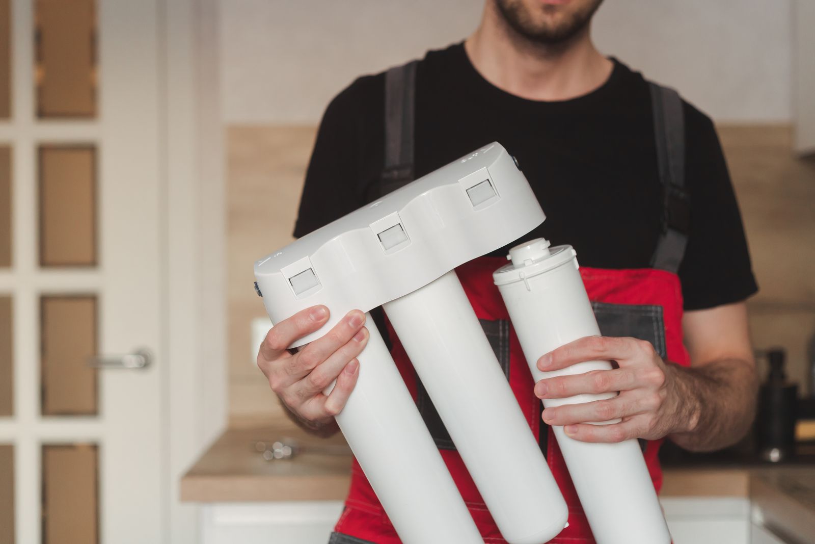 Water treatment technician holding a water filtration system